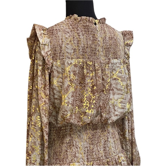 Endless Rose Metallic Animal Print Mini Dress Sz S Gold Ruffles Tier Long Sleeve - Picture 12 of 15